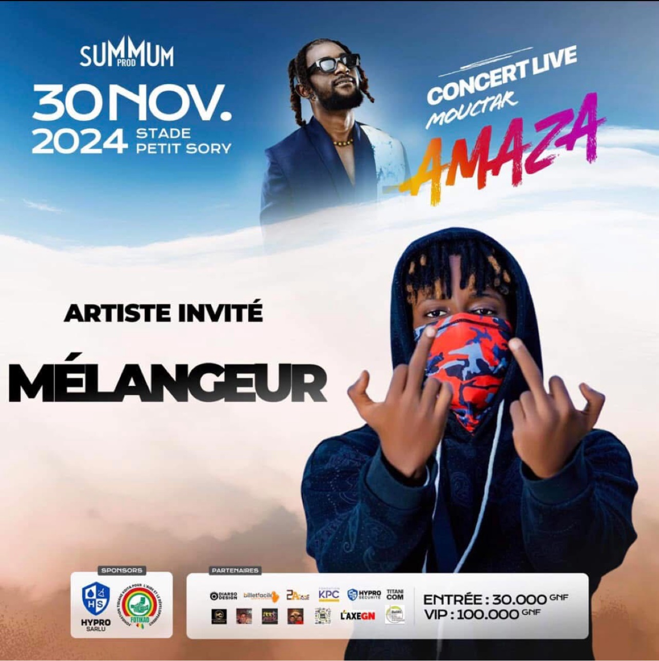 Affiche du concert de Mouctar Amaza au stade Petit Sory, 30 novembre 2024 — artiste invité : Mélangeur