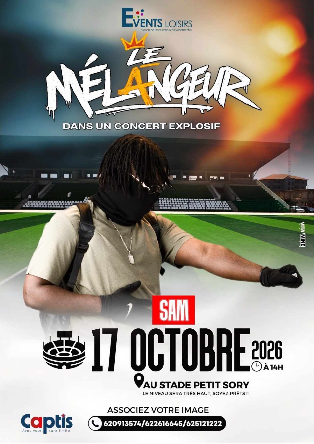 Variante officielle de l’affiche du concert de Le Mélangeur au stade Petit Sory, présentée par Events Loisirs