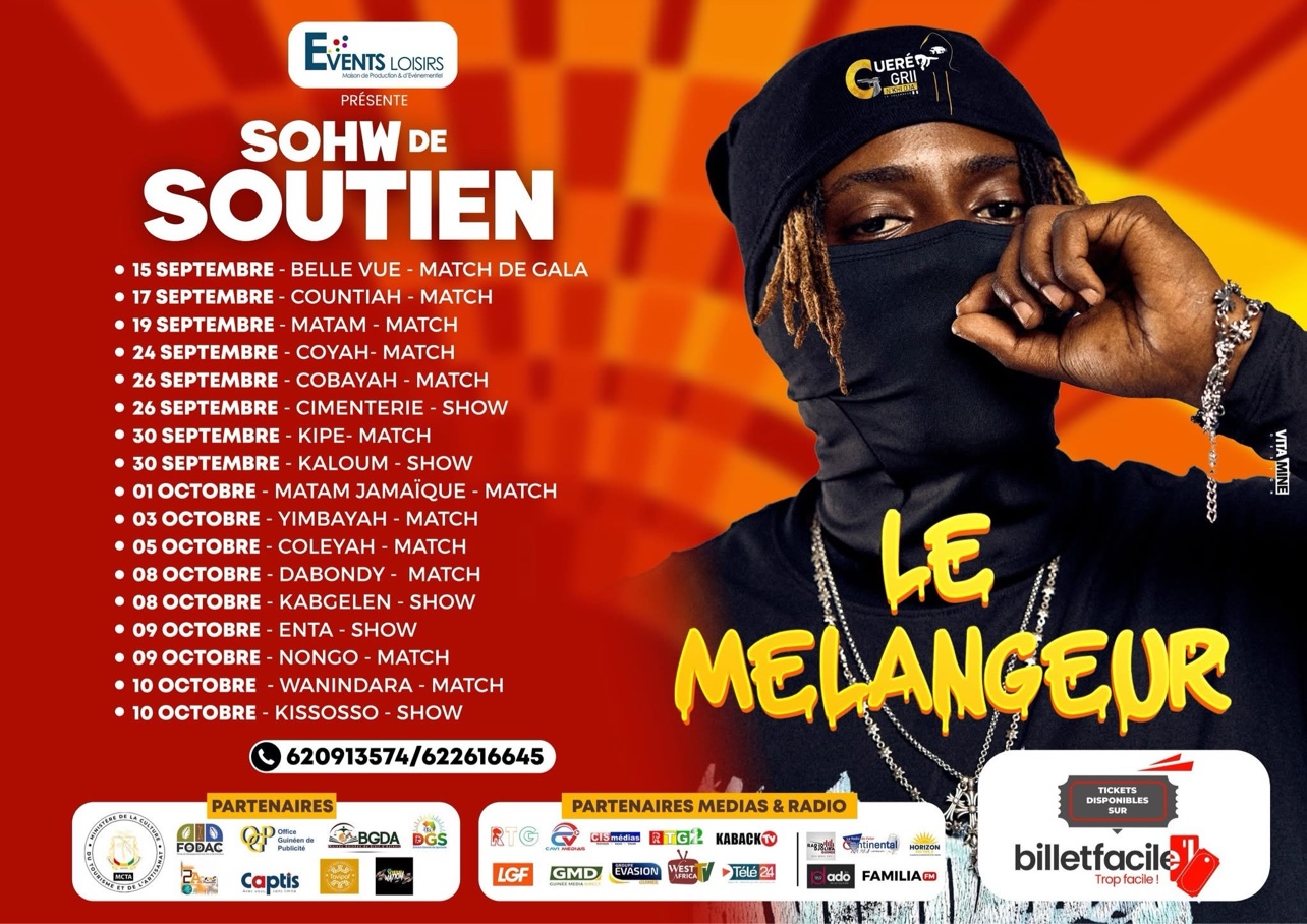 Affiche du show de soutien (Events Loisirs) — tournée des quartiers de Conakry, 15 septembre – 10 octobre : 17 dates, matchs et shows