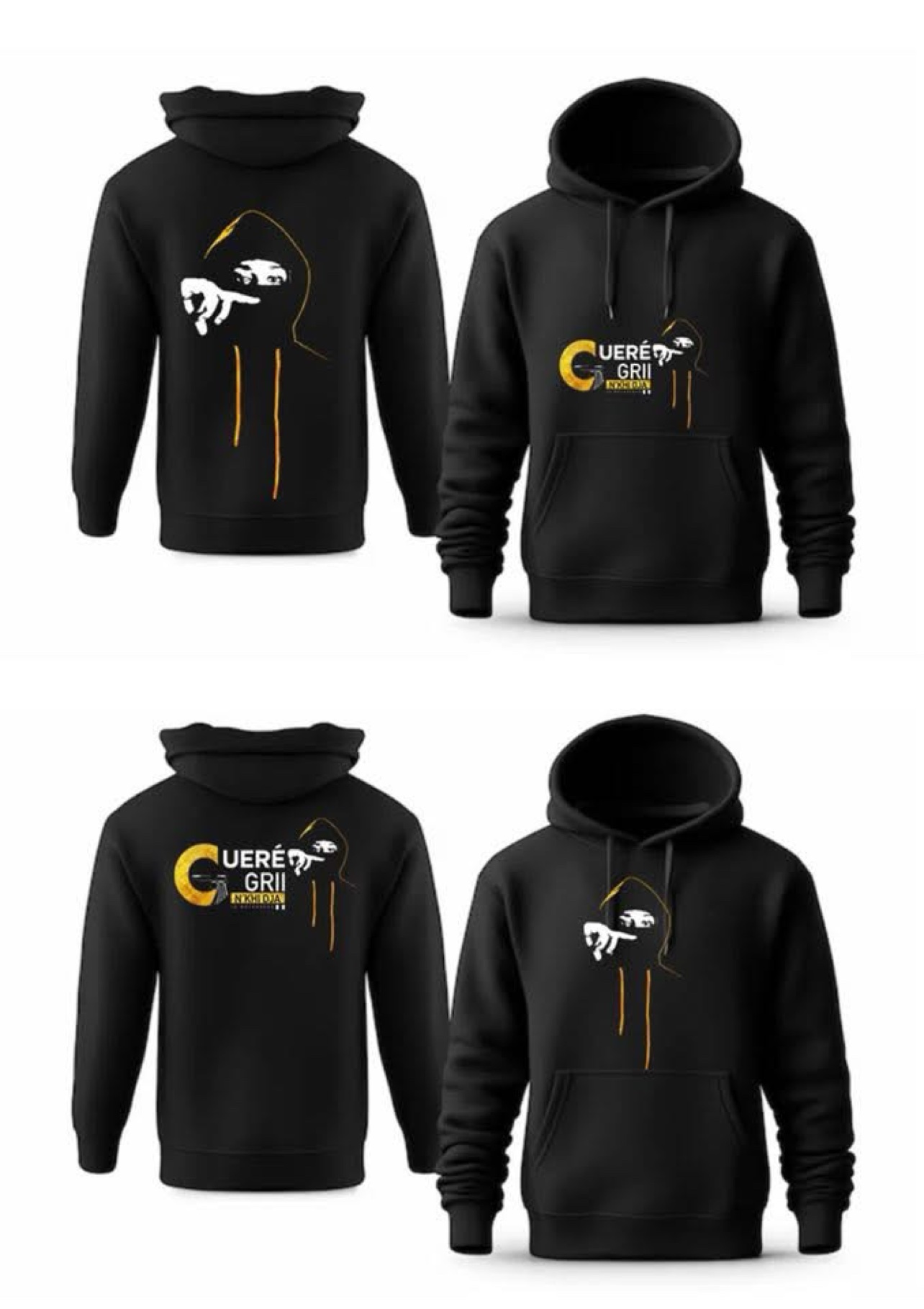 Hoodies noirs du merch officiel « GUERÉ GRII N’KHI DJA » de Le Mélangeur, frappés de son logo, vus de face et de dos